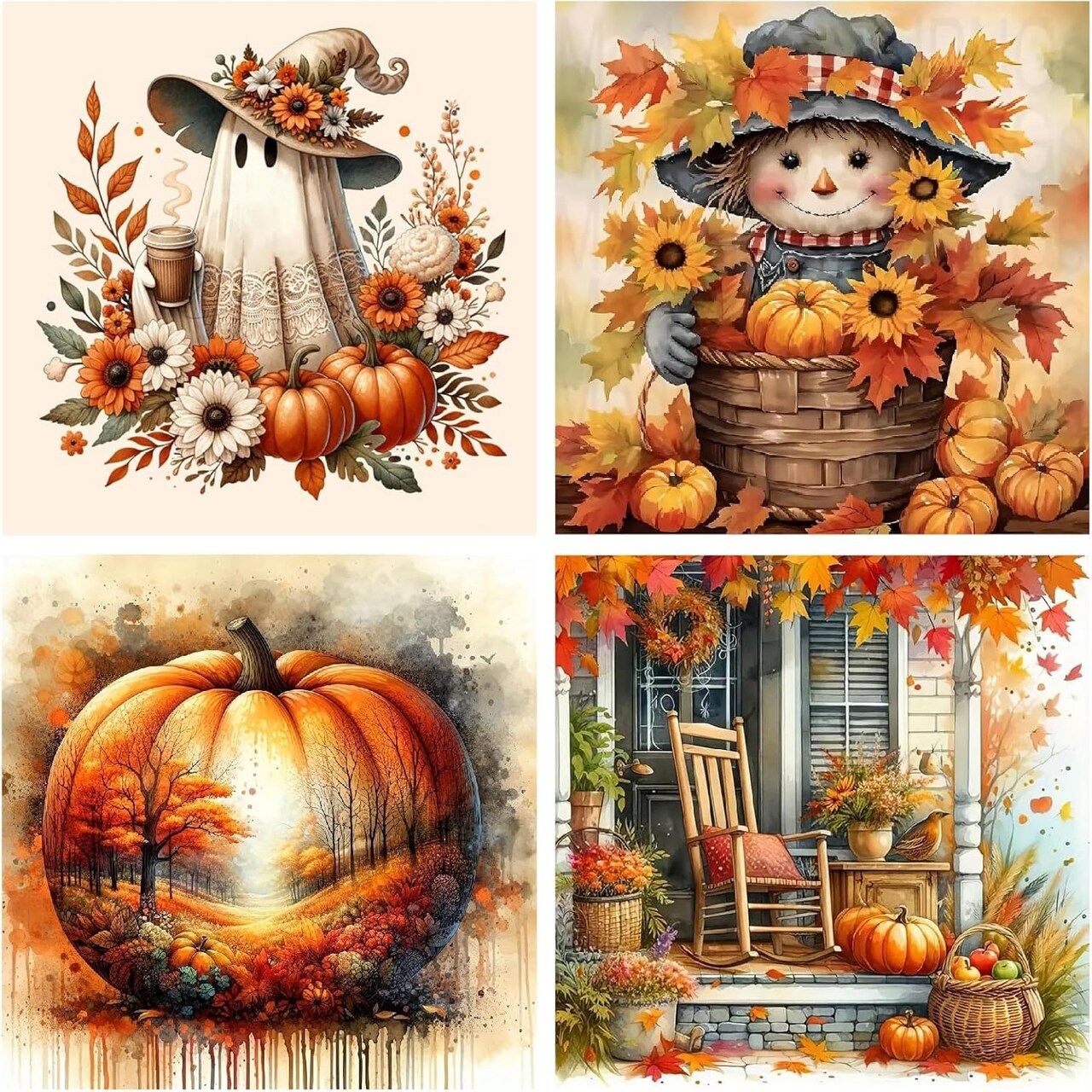 4 Pack Thanksgiving Diamond Art Kits for Adults Beginners,Scarecrow Ghost Fall Pumpkin(12X12 inch)